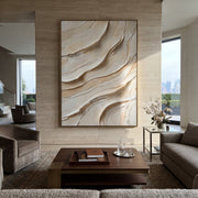 "Frost Channel Ridge Relief" - Modern Heavy Impasto Abstract Textured Artwork | White & Beige Palette Knife Painting | Luxury Vertical Wall Art #Q 391