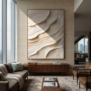 "Frost Channel Ridge Relief" - Modern Heavy Impasto Abstract Textured Artwork | White & Beige Palette Knife Painting | Luxury Vertical Wall Art #Q 391