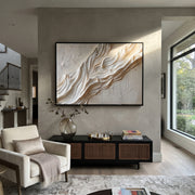 "Bone Ribbon Canyon Relief" - Modern Heavy Impasto Abstract Textured Artwork | White & Beige Palette Knife Painting | Luxury Horizontal Wall Art #Q 392