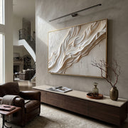 "Bone Ribbon Canyon Relief" - Modern Heavy Impasto Abstract Textured Artwork | White & Beige Palette Knife Painting | Luxury Horizontal Wall Art #Q 392