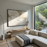 "Plaster Strata Field Relief" - Modern Heavy Impasto Abstract Textured Artwork | White & Beige Palette Knife Painting | Luxury Horizontal Wall Art #Q 393