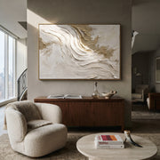 "Plaster Strata Field Relief" - Modern Heavy Impasto Abstract Textured Artwork | White & Beige Palette Knife Painting | Luxury Horizontal Wall Art #Q 393