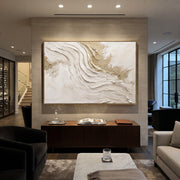 "Plaster Strata Field Relief" - Modern Heavy Impasto Abstract Textured Artwork | White & Beige Palette Knife Painting | Luxury Horizontal Wall Art #Q 393