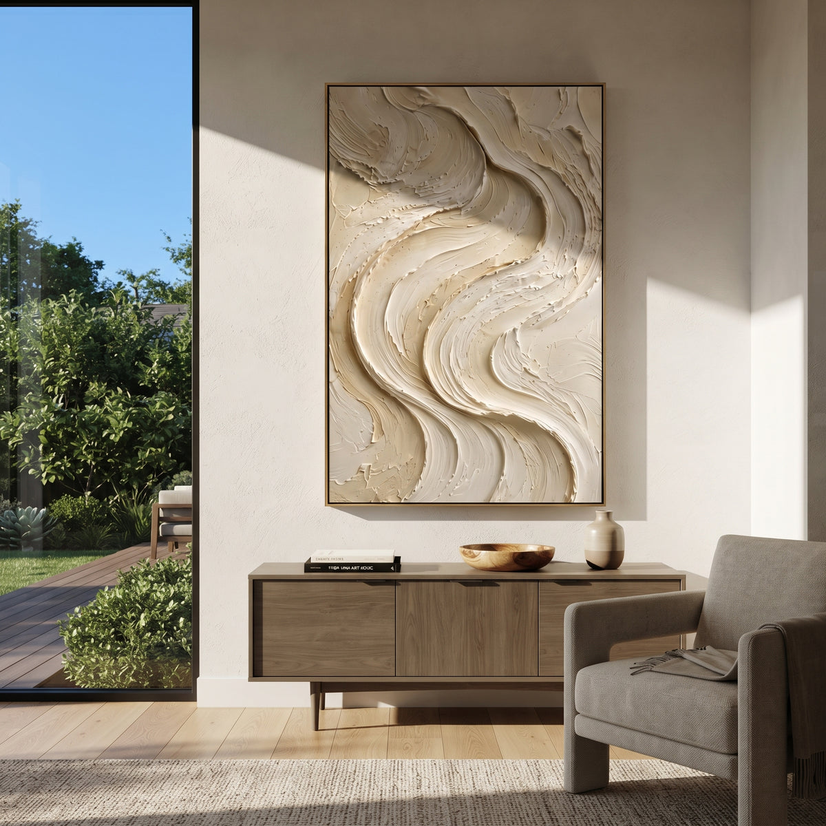 "Marble Wave Terrace Relief" - Modern Heavy Impasto Abstract Textured Artwork | White & Beige Palette Knife Painting | Luxury Vertical Wall Art #Q 394