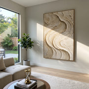 "Marble Wave Terrace Relief" - Modern Heavy Impasto Abstract Textured Artwork | White & Beige Palette Knife Painting | Luxury Vertical Wall Art #Q 394