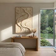 "Marble Wave Terrace Relief" - Modern Heavy Impasto Abstract Textured Artwork | White & Beige Palette Knife Painting | Luxury Vertical Wall Art #Q 394