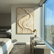 "Marble Wave Terrace Relief" - Modern Heavy Impasto Abstract Textured Artwork | White & Beige Palette Knife Painting | Luxury Vertical Wall Art #Q 394