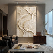 "Marble Wave Terrace Relief" - Modern Heavy Impasto Abstract Textured Artwork | White & Beige Palette Knife Painting | Luxury Vertical Wall Art #Q 394