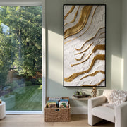 "Oyster Quiet Delta Relief" - Modern Heavy Impasto Abstract Textured Artwork | White & Beige Palette Knife Painting | Luxury Vertical Wall Art #Q 396