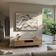"Drifted Fan Current Relief" - Modern Heavy Impasto Abstract Textured Artwork | White & Beige Palette Knife Painting | Luxury Horizontal Wall Art #Q 397