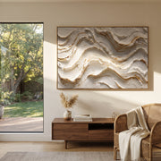 "Drifted Fan Current Relief" - Modern Heavy Impasto Abstract Textured Artwork | White & Beige Palette Knife Painting | Luxury Horizontal Wall Art #Q 397