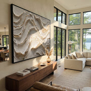 "Drifted Fan Current Relief" - Modern Heavy Impasto Abstract Textured Artwork | White & Beige Palette Knife Painting | Luxury Horizontal Wall Art #Q 397