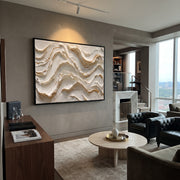 "Drifted Fan Current Relief" - Modern Heavy Impasto Abstract Textured Artwork | White & Beige Palette Knife Painting | Luxury Horizontal Wall Art #Q 397