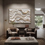 "Drifted Fan Current Relief" - Modern Heavy Impasto Abstract Textured Artwork | White & Beige Palette Knife Painting | Luxury Horizontal Wall Art #Q 397