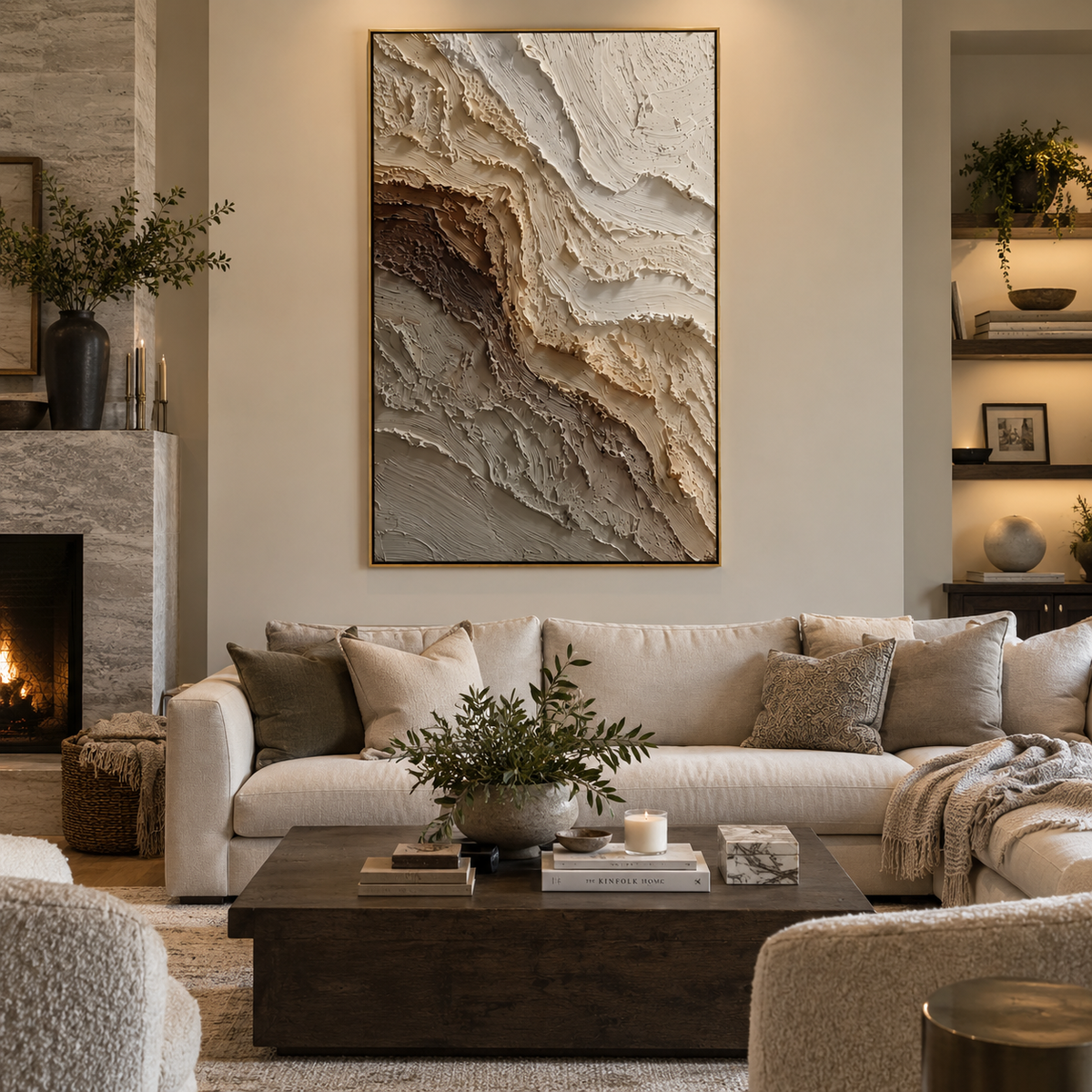 "Golden Stone Cascade Relief" - Modern Heavy Impasto Abstract Textured Artwork | White & Green Palette Knife Painting | Luxury Vertical Wall Art #Q 403