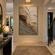 "Golden Stone Cascade Relief" - Modern Heavy Impasto Abstract Textured Artwork | White & Green Palette Knife Painting | Luxury Vertical Wall Art #Q 403
