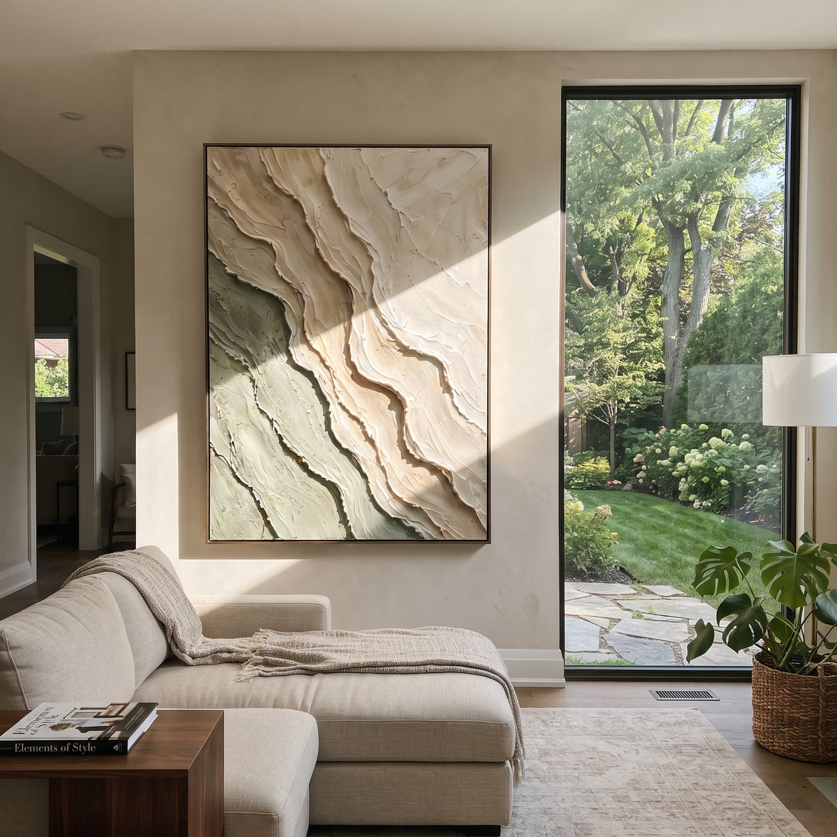 "Shadowed Clay Current Relief" - Modern Heavy Impasto Abstract Textured Artwork | White & Green Palette Knife Painting | Luxury Vertical Wall Art #Q 404