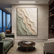 "Shadowed Clay Current Relief" - Modern Heavy Impasto Abstract Textured Artwork | White & Green Palette Knife Painting | Luxury Vertical Wall Art #Q 404