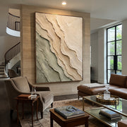 "Shadowed Clay Current Relief" - Modern Heavy Impasto Abstract Textured Artwork | White & Green Palette Knife Painting | Luxury Vertical Wall Art #Q 404