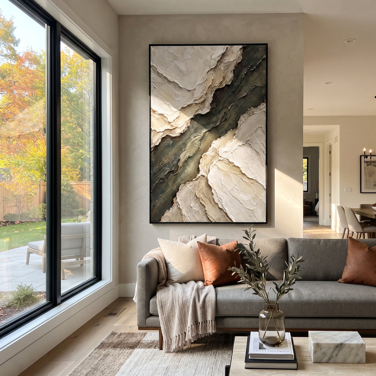 "Ribboned Foam Ridge Relief" - Modern Heavy Impasto Abstract Textured Artwork | White & Green Palette Knife Painting | Luxury Vertical Wall Art #Q 405