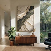 "Ribboned Foam Ridge Relief" - Modern Heavy Impasto Abstract Textured Artwork | White & Green Palette Knife Painting | Luxury Vertical Wall Art #Q 405