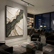 "Ribboned Foam Ridge Relief" - Modern Heavy Impasto Abstract Textured Artwork | White & Green Palette Knife Painting | Luxury Vertical Wall Art #Q 405