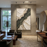 "Ribboned Foam Ridge Relief" - Modern Heavy Impasto Abstract Textured Artwork | White & Green Palette Knife Painting | Luxury Vertical Wall Art #Q 405