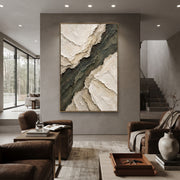 "Ribboned Foam Ridge Relief" - Modern Heavy Impasto Abstract Textured Artwork | White & Green Palette Knife Painting | Luxury Vertical Wall Art #Q 405