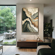"Feathered Mist Channel Relief" - Modern Heavy Impasto Abstract Textured Artwork | White & Green Palette Knife Painting | Luxury Vertical Wall Art #Q 406