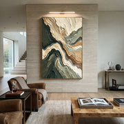 "Feathered Mist Channel Relief" - Modern Heavy Impasto Abstract Textured Artwork | White & Green Palette Knife Painting | Luxury Vertical Wall Art #Q 406