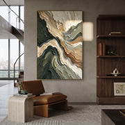 "Feathered Mist Channel Relief" - Modern Heavy Impasto Abstract Textured Artwork | White & Green Palette Knife Painting | Luxury Vertical Wall Art #Q 406