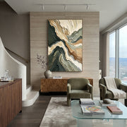 "Feathered Mist Channel Relief" - Modern Heavy Impasto Abstract Textured Artwork | White & Green Palette Knife Painting | Luxury Vertical Wall Art #Q 406