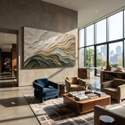 "Flowing Copper Fold Relief" - Modern Heavy Impasto Abstract Textured Artwork | White & Green Palette Knife Painting | Luxury Horizontal Wall Art #Q 407