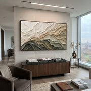 "Flowing Copper Fold Relief" - Modern Heavy Impasto Abstract Textured Artwork | White & Green Palette Knife Painting | Luxury Horizontal Wall Art #Q 407