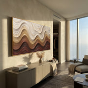 "Riverbed Line Flow Relief" - Modern Heavy Impasto Abstract Textured Artwork | White & Beige Palette Knife Painting | Luxury Horizontal Wall Art #Q 411