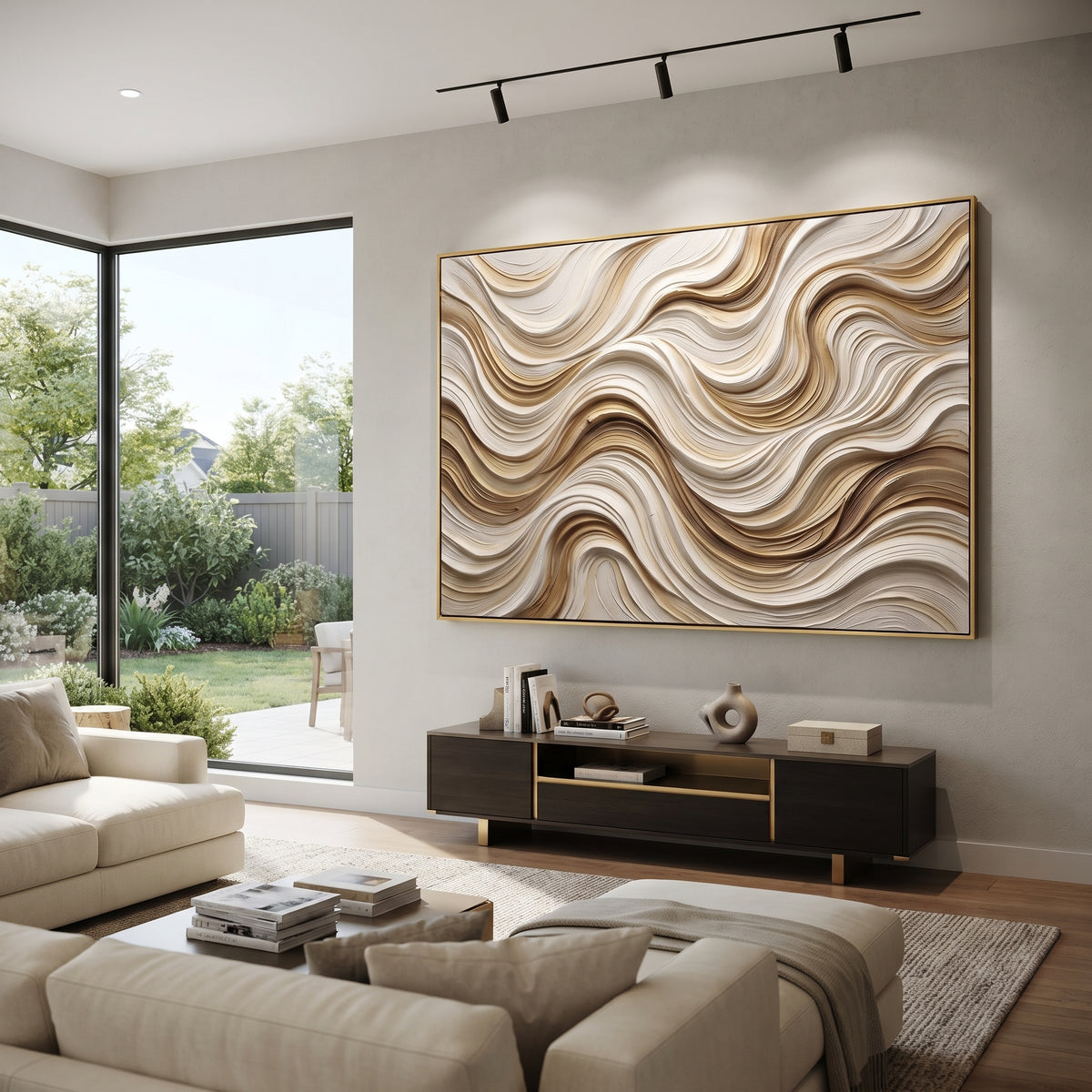 "Terrace Curve Current Relief" - Modern Heavy Impasto Abstract Textured Artwork | White & Beige Palette Knife Painting | Luxury Horizontal Wall Art #Q 413