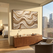 "Terrace Curve Current Relief" - Modern Heavy Impasto Abstract Textured Artwork | White & Beige Palette Knife Painting | Luxury Horizontal Wall Art #Q 413