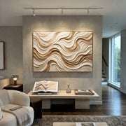 "Terrace Curve Current Relief" - Modern Heavy Impasto Abstract Textured Artwork | White & Beige Palette Knife Painting | Luxury Horizontal Wall Art #Q 413