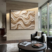 "Terrace Curve Current Relief" - Modern Heavy Impasto Abstract Textured Artwork | White & Beige Palette Knife Painting | Luxury Horizontal Wall Art #Q 413