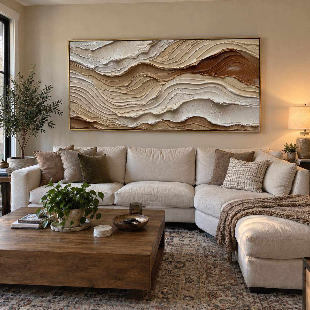 "Canyon Contour Vein Relief" - Modern Heavy Impasto Abstract Textured Artwork | White & Beige Palette Knife Painting | Luxury Horizontal Wall Art #Q 414