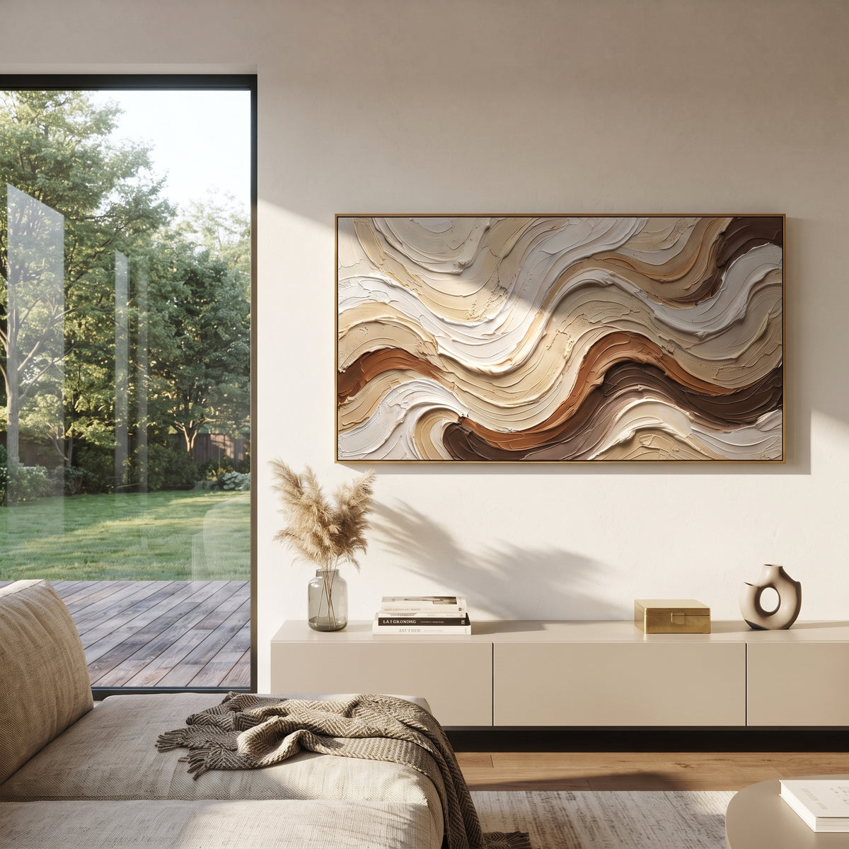 "Contour Soft Stream Relief" - Modern Heavy Impasto Abstract Textured Artwork | White & Beige Palette Knife Painting | Luxury Horizontal Wall Art #Q 415