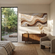 "Contour Soft Stream Relief" - Modern Heavy Impasto Abstract Textured Artwork | White & Beige Palette Knife Painting | Luxury Horizontal Wall Art #Q 415
