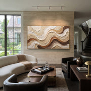 "Contour Soft Stream Relief" - Modern Heavy Impasto Abstract Textured Artwork | White & Beige Palette Knife Painting | Luxury Horizontal Wall Art #Q 415