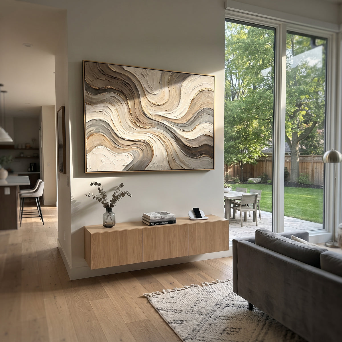 "Sculpted Carved Channel Relief" - Modern Heavy Impasto Abstract Textured Artwork | White & Beige Palette Knife Painting | Luxury Horizontal Wall Art #Q 416