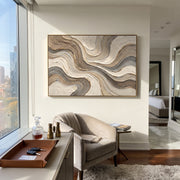 "Sculpted Carved Channel Relief" - Modern Heavy Impasto Abstract Textured Artwork | White & Beige Palette Knife Painting | Luxury Horizontal Wall Art #Q 416