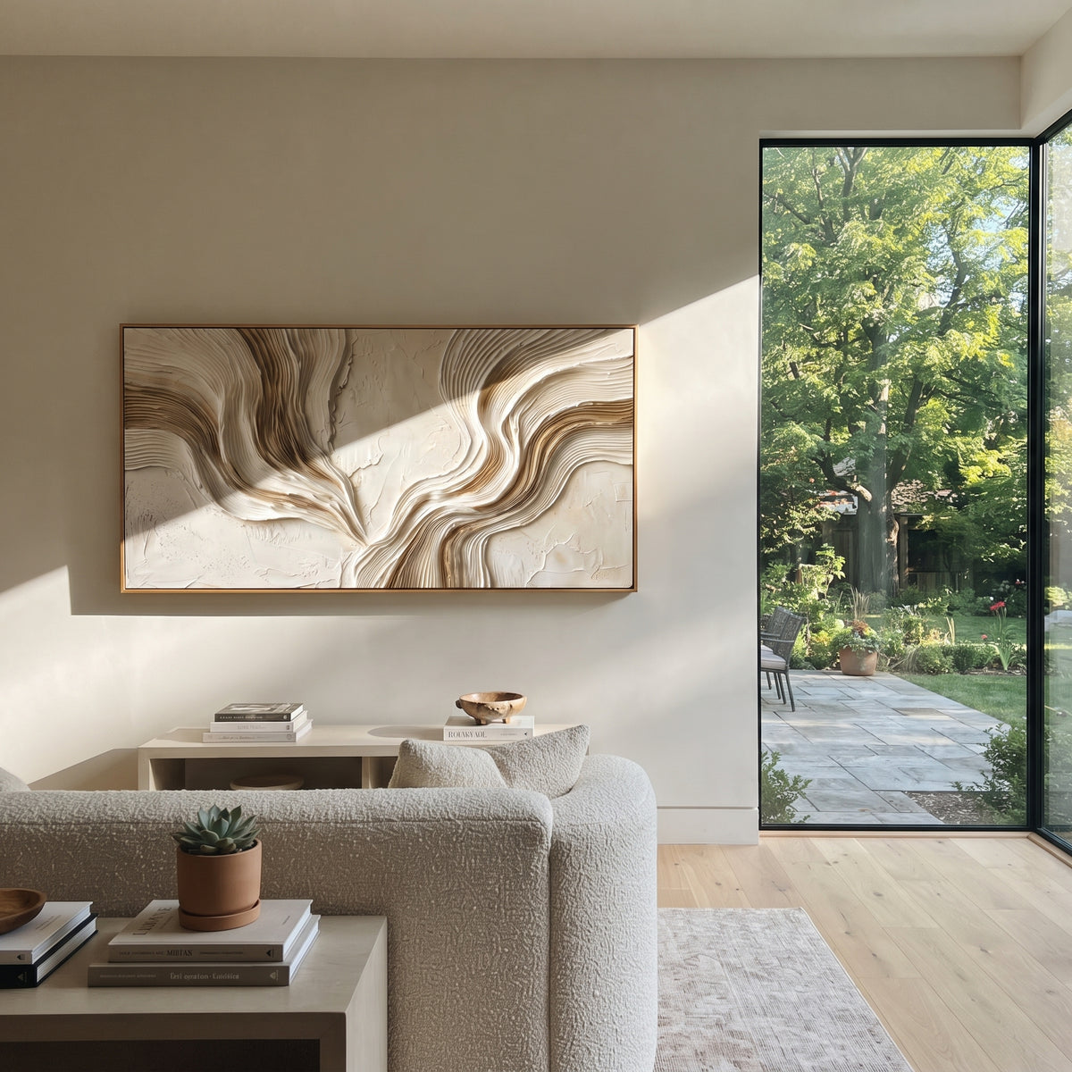 "Folded Rush Valley Relief" - Modern Heavy Impasto Abstract Textured Artwork | White & Beige Palette Knife Painting | Luxury Horizontal Wall Art #Q 418