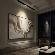 "Folded Rush Valley Relief" - Modern Heavy Impasto Abstract Textured Artwork | White & Beige Palette Knife Painting | Luxury Horizontal Wall Art #Q 418