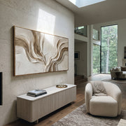 "Folded Rush Valley Relief" - Modern Heavy Impasto Abstract Textured Artwork | White & Beige Palette Knife Painting | Luxury Horizontal Wall Art #Q 418
