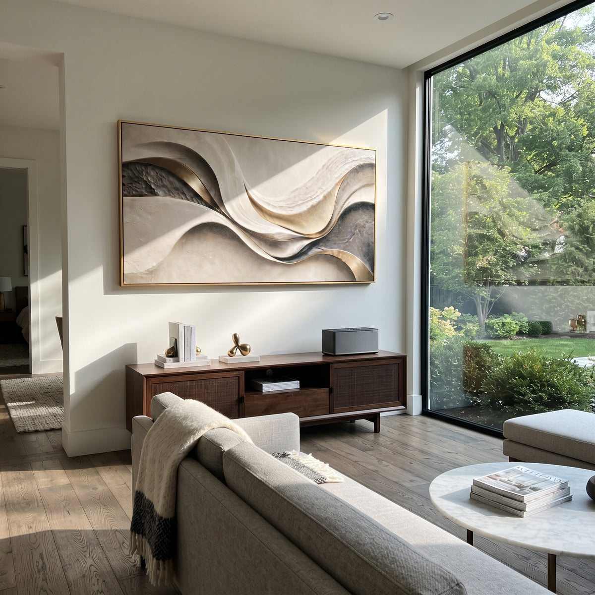 "Earthen Fluted Ridge Relief" - Modern Heavy Impasto Abstract Textured Artwork | White & Grey Palette Knife Painting | Luxury Horizontal Wall Art #Q 420