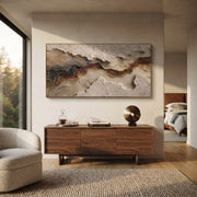 "Weathered Nested Current Relief" - Modern Heavy Impasto Abstract Textured Artwork | White & Grey Palette Knife Painting | Luxury Horizontal Wall Art #Q 422
